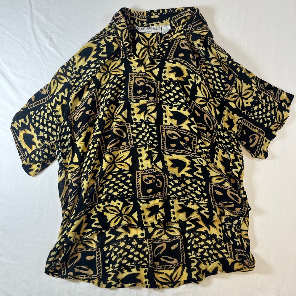Jane Ashley Yellow Black Short Sleeve Button Down Floral Print Hawaiian Shirt 1X